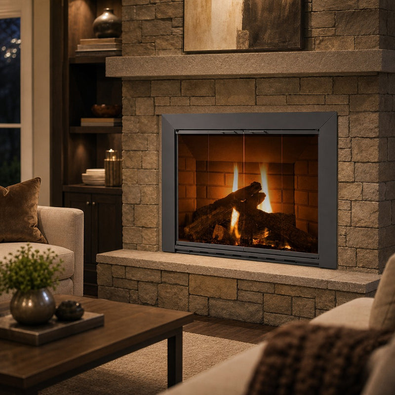 Premier View Masonry Fireplace Door — lifestyle