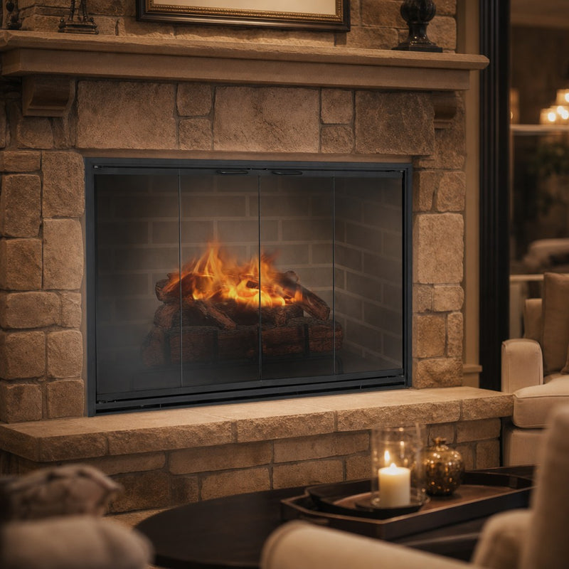 Stiletto Masonry Fireplace Glass Door — lifestyle
