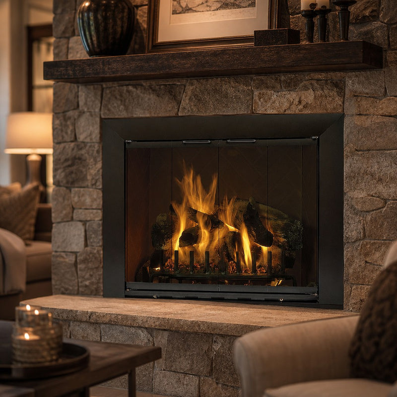 Reflection Custom Masonry Fireplace Glass Door — lifestyle