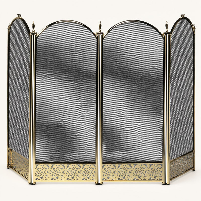 4 Fold Polished Brass Fireplace Screen - Decorative Filigree — studio
