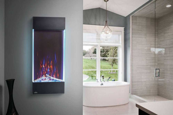 Allure™ Vertical 38 Wall Hanging Electric Fireplace with LED flames, 5000 BTU heat, and remote control in a sleek vertical design