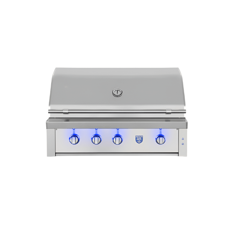 American Made Grills Estate 42-inch luxury stainless steel gas grill with LED lights and rotisserie storage