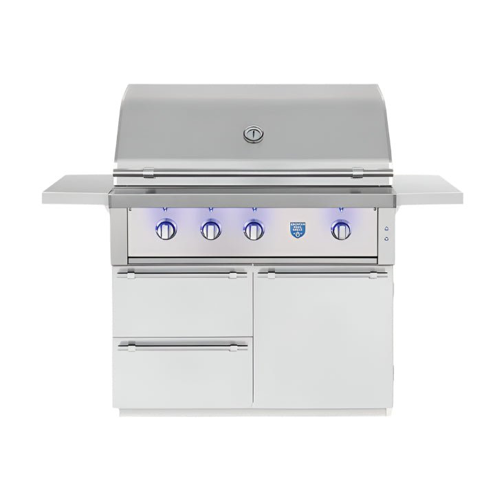 American Made Grills freestanding 42 inch stainless steel gas grill with rotisserie and storage cart