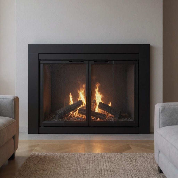 Black Fireplace Glass Doors with Burning Firewood Behind