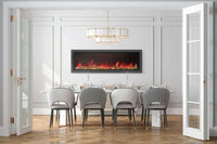 Astound 74" Built-In Electric Fireplace with large viewing area, realistic flames, flip-down glass, WiFi control, ECO and Boost modes, customizable lighting, and driftwood logs
