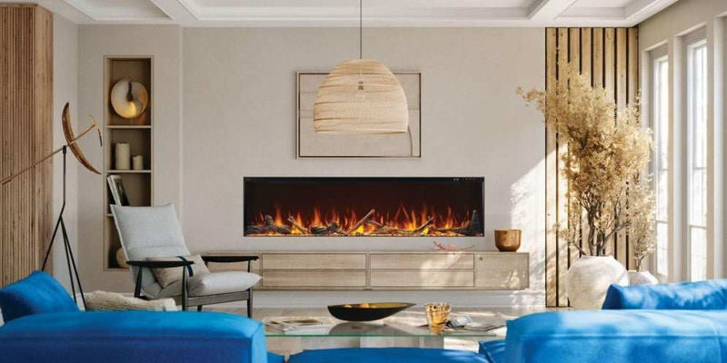 Astound 74 Flexmount electric fireplace with realistic flames and flexible installation options