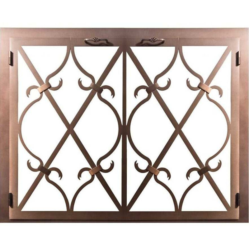 Banded Scroll masonry and prefab fireplace glass doors with 2-inch frame width and custom design