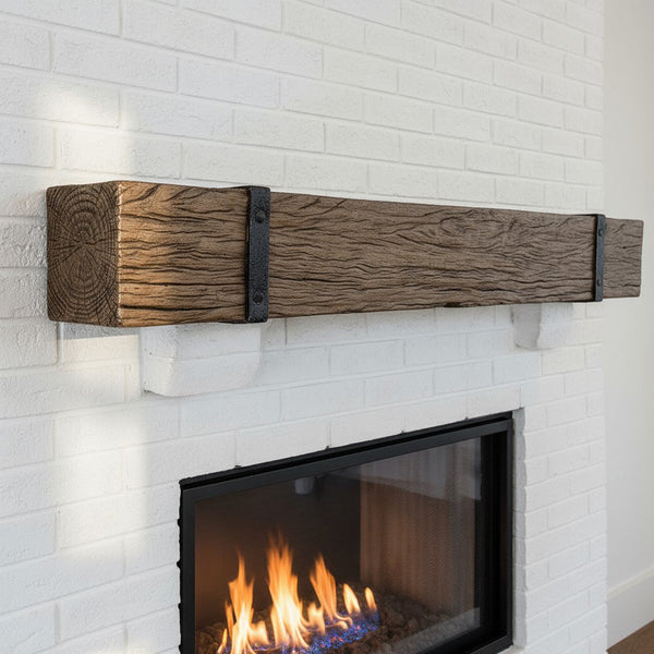 Non-combustible concrete mantel shelves by Design Specialties with banded Thermastone finish, fireproof and lightweight
