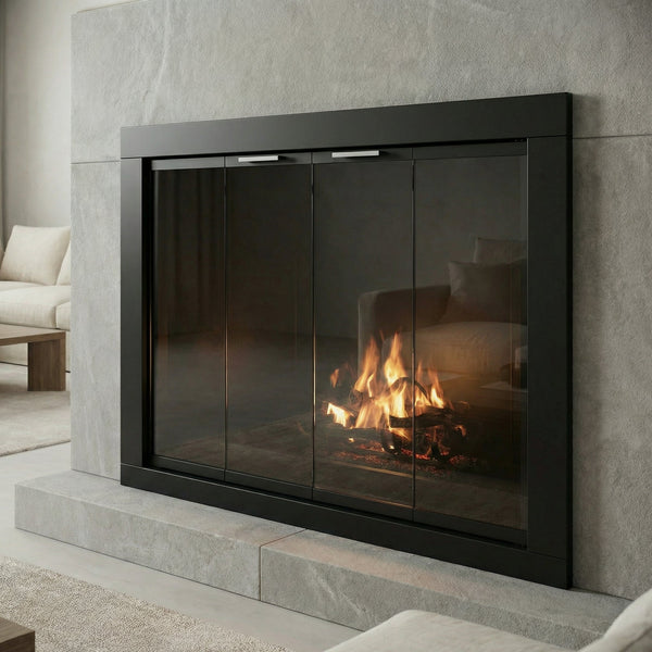 Belmont custom masonry fireplace aluminum glass doors with flat or formed frame by Stoll Industries