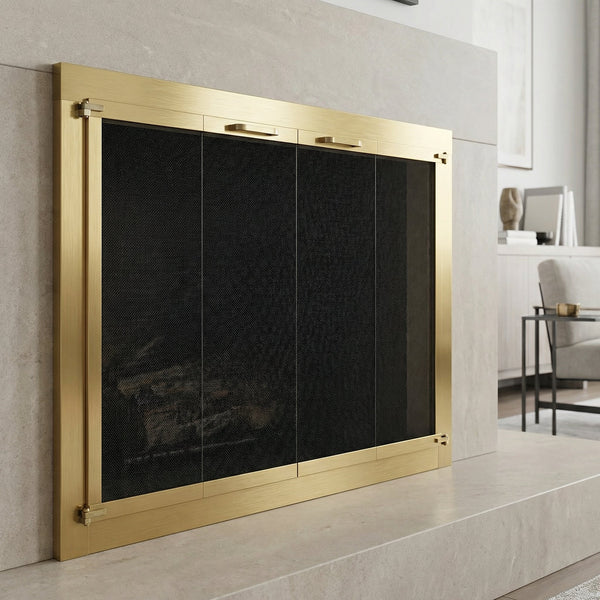 Heritage masonry steel fireplace glass doors with traditional rectangular frame style