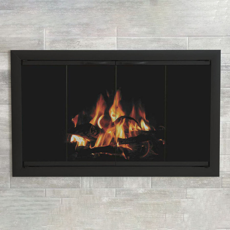 BROOKFIELD MASONRY/ OUTDOOR STAINLESS STEEL HINGES/ 40"W X 29" H / MATTE BLACK FINISH / OVERLAP/ FLUSH HEARTH/ BIFOLD/ CLEAR GLASS/ FOUNDATION HANDLES/ DRAFT CONTROL