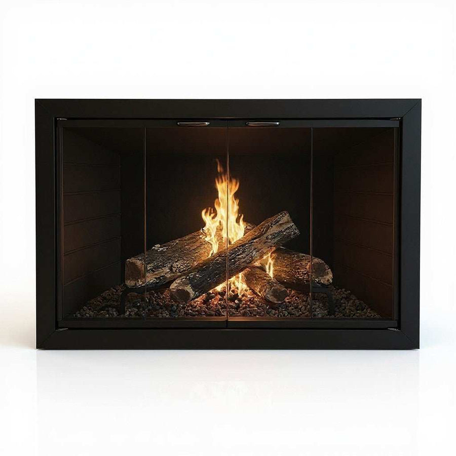 L-SHAPE BROOKFIELD MASONRY/ MAIN DOOR: 45" W X 26 3/4" H / SIDE: 17.5" W X 26 3/4" H / CABINET STYLE ON MAIN/ ONE PANEL ON SIDE/ CLEAR GLASS/ HANDLE: SIMPLICITY/ FINISH: MATTE BLACK/ INSIDE FIT