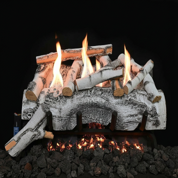 18" Aspen Birch ventless gas log set with realistic wood texture and adjustable flame