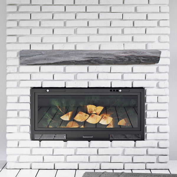Weathered grey Cabin Pine mantel shelf with detailed timber texture and non-combustible concrete finish