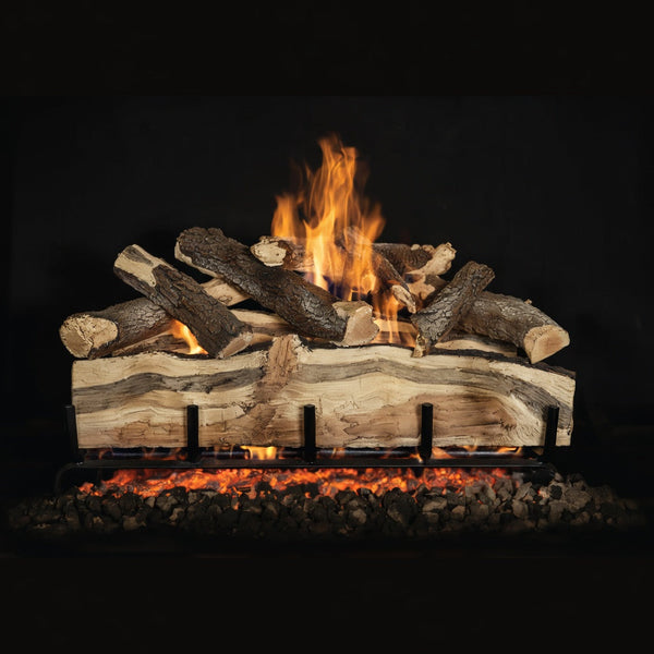 30" Blue Pine Split Outdoor Gas Log Set with realistic beetle-pattern grain for outdoor fireplaces