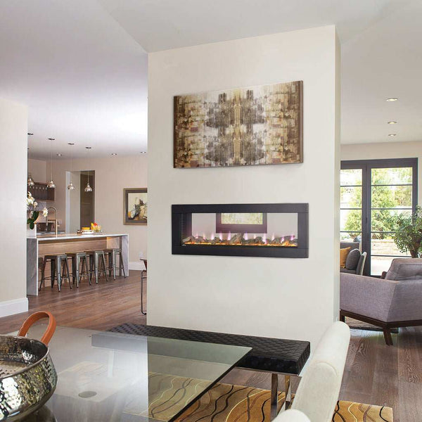 Clearion™ Elite 50 see-through dual-room electric fireplace with customizable flame colors and privacy modes