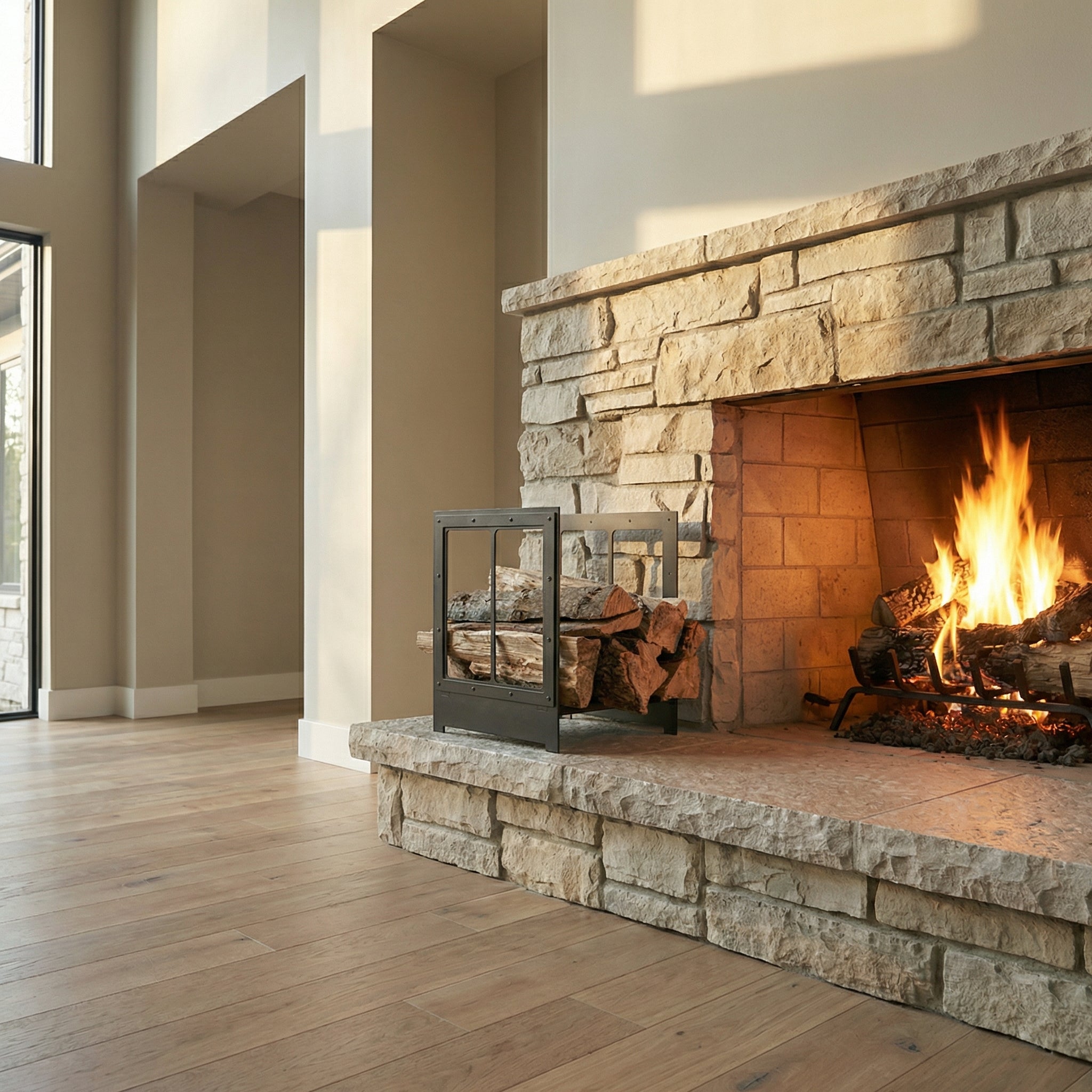 Design Specialties Log Holder black laser-cut steel firewood rack with arched side panels and custom finish options