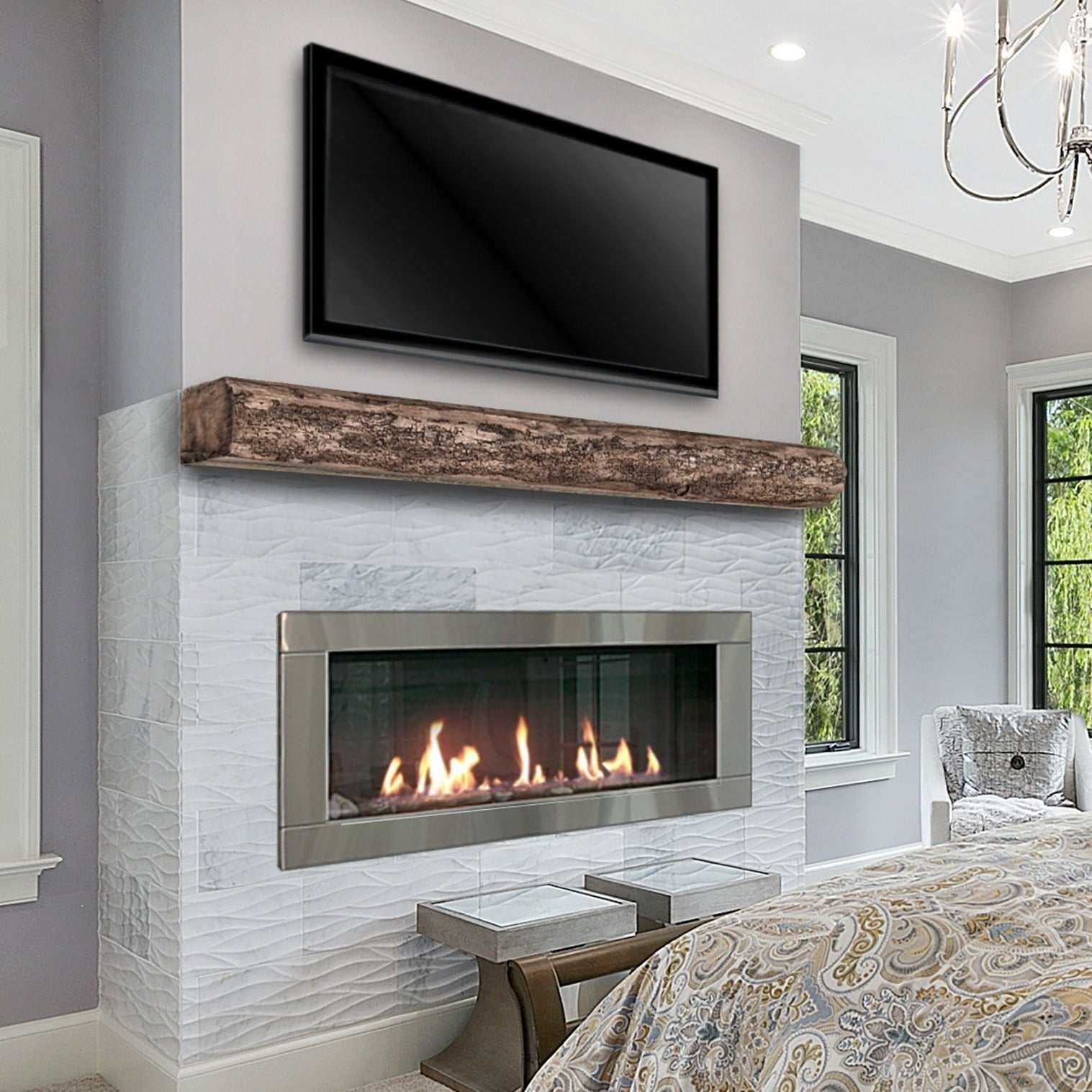 Cumberland Live Edge Non-Combustible Mantel Shelf RIVER ROCK Finish - ExceptionalFire