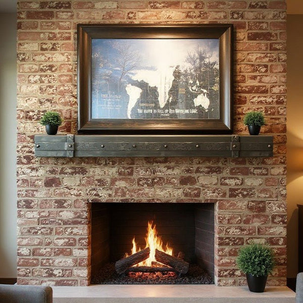 Custom aged iron floating mantel shelf with non-combustible steel construction and customizable finishes