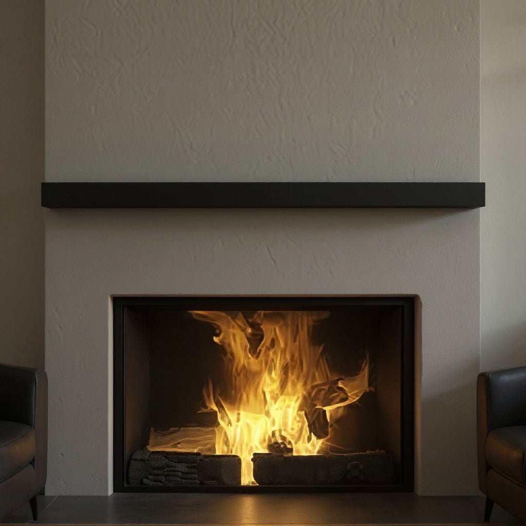 Custom black metal floating mantel shelf above lit fireplace, modern minimalist design, non-combustible steel, sturdy and sleek for heat protection and TV placement.