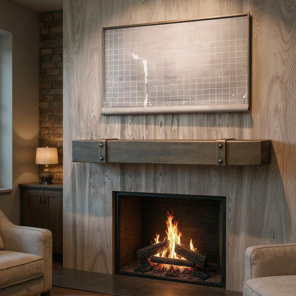 Custom Old World Metal Floating Mantel Shelf by Stoll Industries, solid steel, non-combustible, customizable finish and size, heat shield for fireplaces.