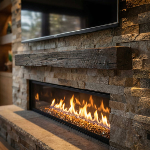 Grist Mill mantel shelf in roasted chestnut finish with detailed woodgrain and non-combustible concrete design