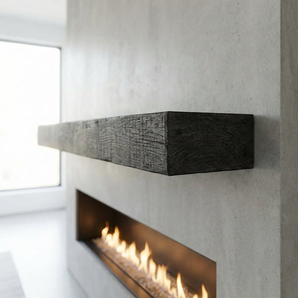 Flat Sawn non-combustible concrete mantel shelf with Eclipse finish and rough-sawn woodgrain texture