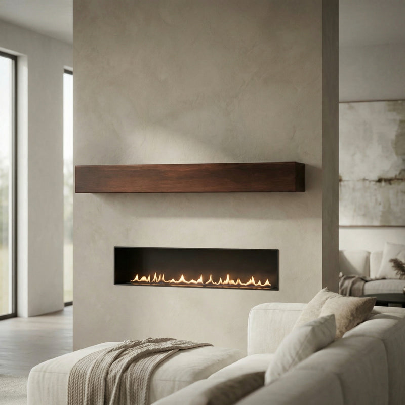 Custom Metal Floating Mantel Shelf: Non-Combustible, Wood Grain Walnut, Any Size