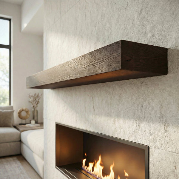 Flat Sawn non-combustible concrete mantel shelf with roasted chestnut finish and rough-sawn woodgrain texture