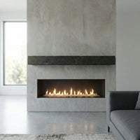 Flat Sawn Eclipse non-combustible concrete mantel shelf with rough-sawn woodgrain finish