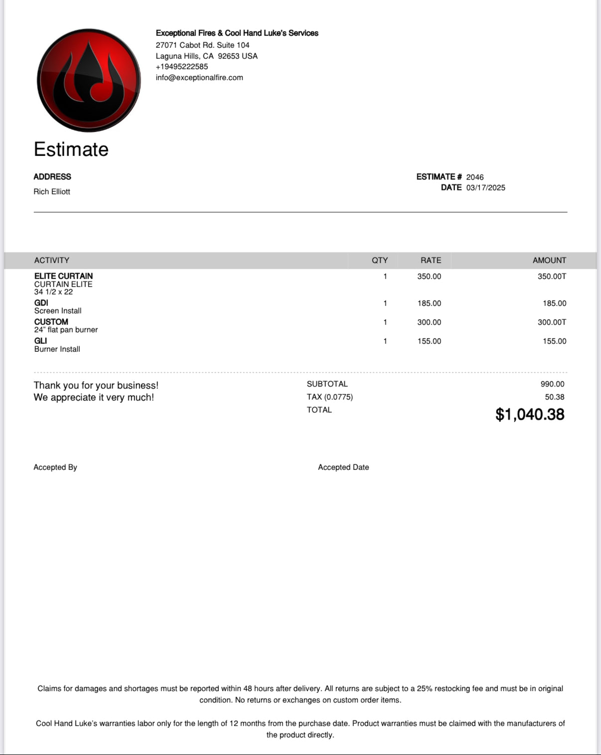 Deposit 50% - Estimate 2046