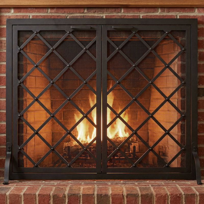 Custom free-standing steel fireplace screen with doors, traditional classic design, powder-coated finish