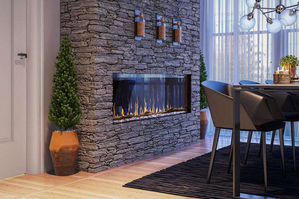 Dimplex IgniteXL Bold 60" built-in electric fireplace with multi-sided panoramic view and realistic flames