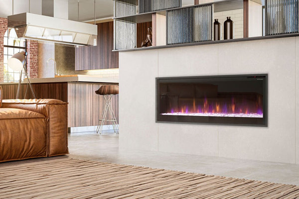 Dimplex Multi-Fire Slim 50-inch slim recessed electric fireplace with customizable multi-color flames and smart controls
