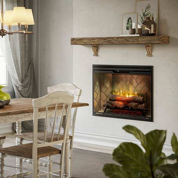 Dimplex Revillusion 36-inch built-in electric fireplace with realistic flame technology and handcrafted glowing logs