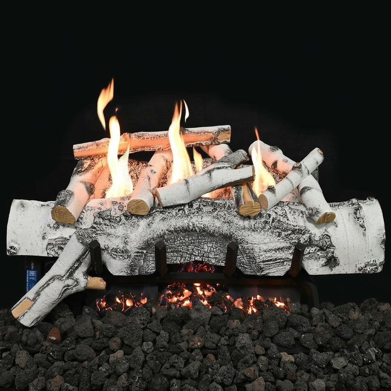 Grand Canyon Red Oak ventless gas log set with realistic red oak logs and adjustable flames delivering efficient 37,000 BTU heat without chimney.