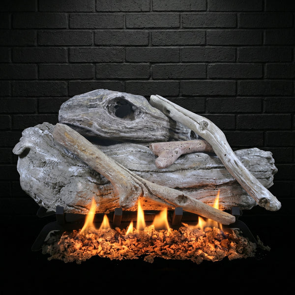24" Driftwood Gas Log Set with vented ceramic logs and glowing embers for single-sided fireplaces