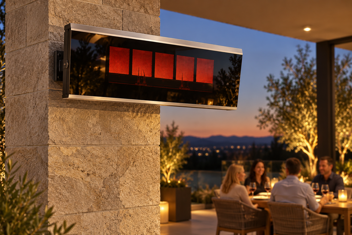 AI-generated outdoor design inspiration featuring Platinum Gas 500 with five burner panels. Confirm selected model dimensions and finish.