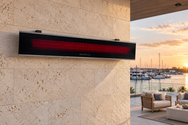 AI-generated outdoor design inspiration featuring a black Platinum Marine Electric family example; selected wattages differ in length. Confirm selected model dimensions and finish.
