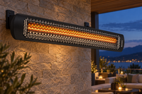 AI-generated outdoor design inspiration featuring a black single-element Tungsten Electric family example; selected wattages differ in length and element count. Confirm selected model dimensions and finish.