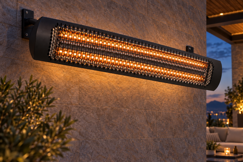 AI-generated outdoor design inspiration featuring a black double-element Tungsten Electric 6000W family example. Confirm selected model dimensions and finish.