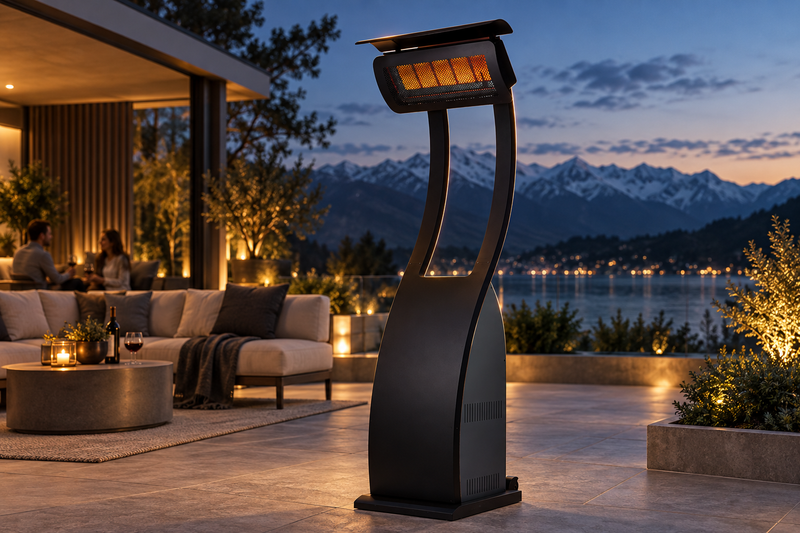 AI-generated outdoor design inspiration featuring black Tungsten Freestanding Gas. Confirm selected model dimensions and finish.