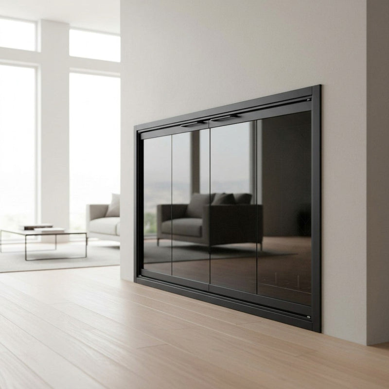 Opening - W 24 1/4 x H 27 6/8 - Cabot / Matte Black / Cabinet Doors / Clear Glass / Mesh Curtain / Flush Hearth / Overlap Fit