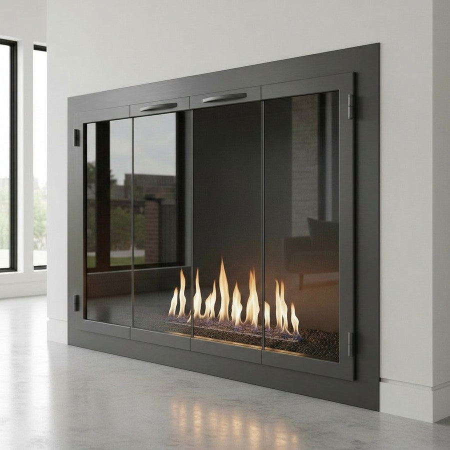 CAROLINA STEEL/ OPENING SIZE: 79 1/4"W X 39 3/4"H // INSIDE FIT // FRAME WIDTH: 2 1/2" // BI-FOLD // GLASS: CLEAR // FINISH: GOLD RUSH // HANDLE: SIMPLICITY //  FLUSH FITTING DOORS //  BLACK MESH CURTAIN // DRAFT CONTROL