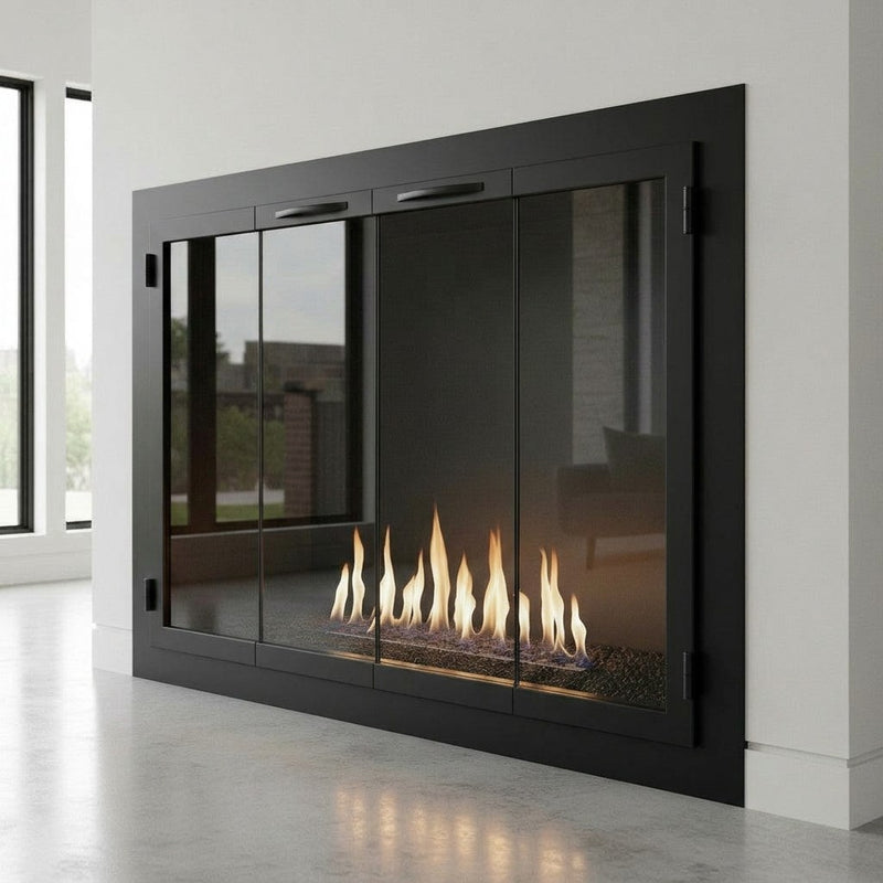 Carolina Steel Door Masonry /  Inside Fit / Width: 58 1/6”  Height: 39 3/8” /  Frame width: 1 ½” / Flush Fit Design / Eight Pane Design / Bi-fold Doors / Handle: Square / Finish: Matte Black / Glass: Clear/ Black mesh curtain/ Draft Control system