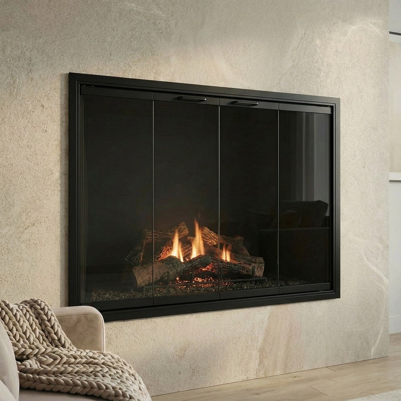 STILETTO MASONRY // INSIDE FIT // FLUSH HEARTH // OPENING: 42 1/2" WIDE X 27 1/2" HIGH // CABINET STYLE // FINISH: MATTE BLACK // HANDLE: SIMPLICITY // GLASS: CLEAR // DRAFT CONTROL // NO MESH