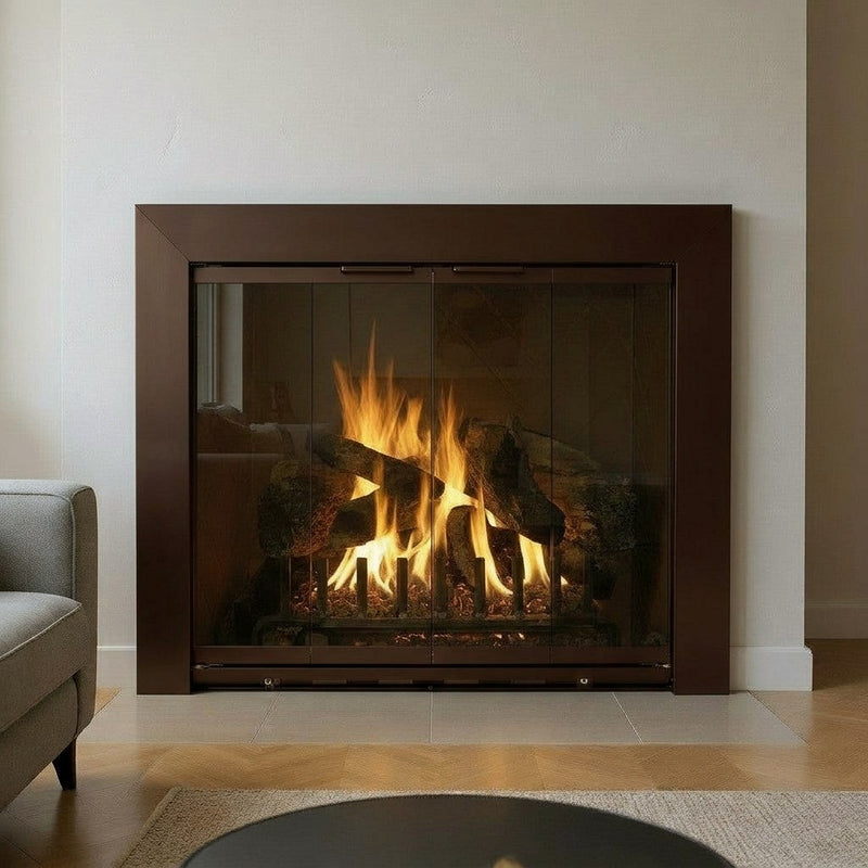 REFLECTION MASONRY DOOR/ FLUSH HEARTH/ OVERLAP/ 49" W X 29"H / FINISH: SOLAR BRONZE/ HANDLE: MODERN/ GLASS : CLEAR/ NO MESH X 2