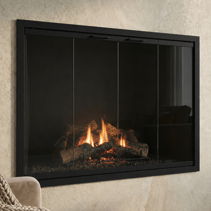 STILETTO CUTBACK/ 32 3/4"W X 26 3/4"H / HOLE IN A WALL/ MATTE BLACK/ MODERN HANDLE/ BI-FOLD/ CLEAR GLASS/ TWIN GATE MESH