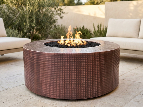 Unity Hammered Round Copper Fire Pit Table | The Outdoor Plus — outdoor setting