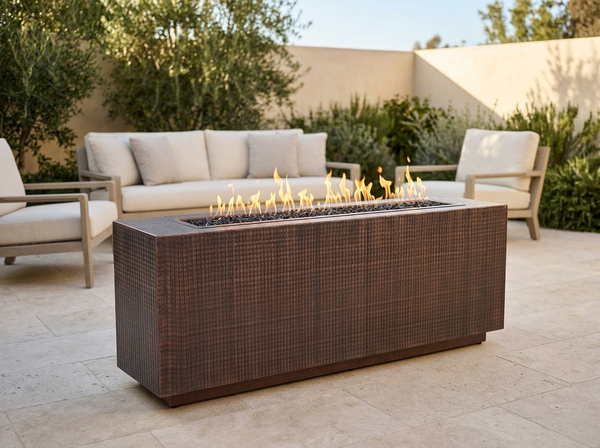 Carmen Hammered Rectangle Copper Fire Pit Table | The Outdoor Plus — outdoor setting